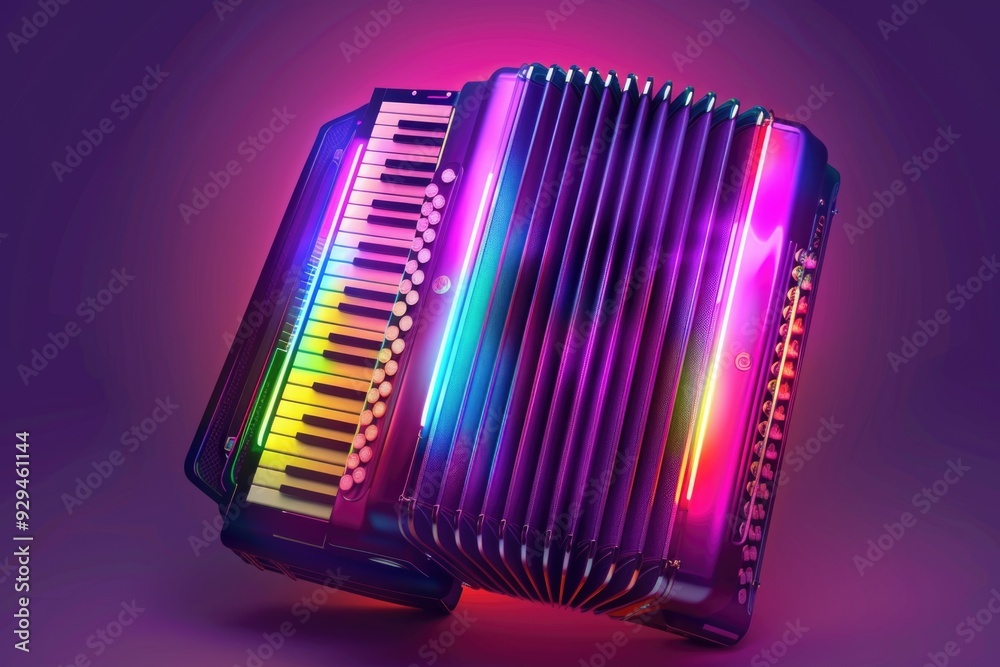 Poster a detailed view of an accordion with a rich purple backdrop