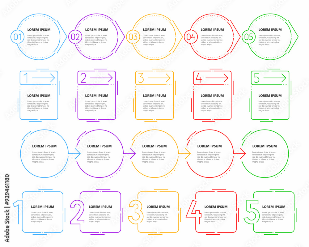 Poster Step diagram and infographic timeline chart frames with process numbers for presentation, vector templates. Step diagrams and infographic timeline of schedule plan ow chart phases with arrows