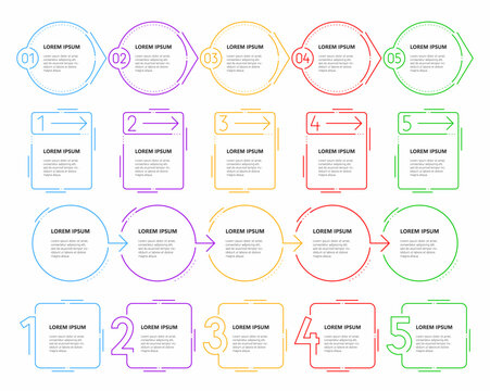 Step diagram and infographic timeline chart frames with process numbers for presentation, vector templates. Step diagrams and infographic timeline of schedule plan ow chart phases with arrows