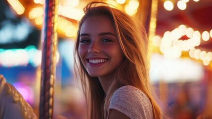 Obraz premium Girl having fun at a carnival, riding the carousel with a big smile and enjoying the colorful lights and sounds