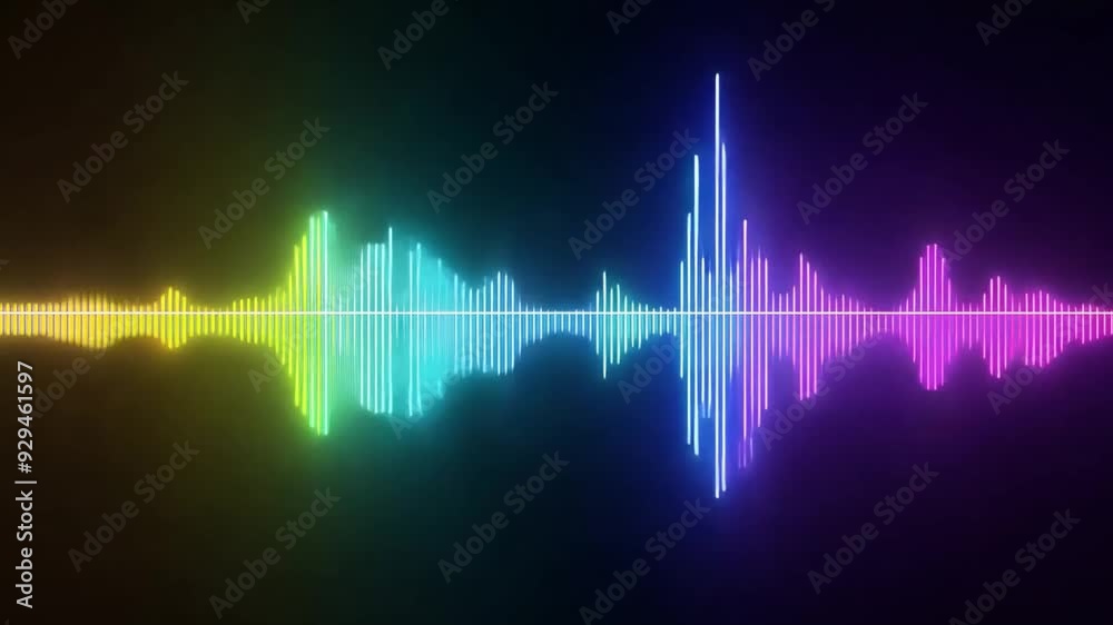 Poster A dynamic audio waveform displays colorful peaks and troughs, showcasing sound frequencies in vibrant shades on a dark backdrop.