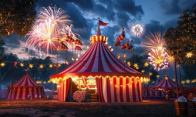 circus festival with attractions in circus tent in background Generate AI