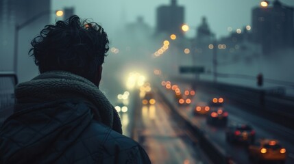 Fototapeta premium A person standing in the rain, gazing at passing cars