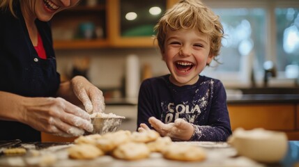 Boy baking cookies in the kitchen with his mom, mixing ingredients and laughing together