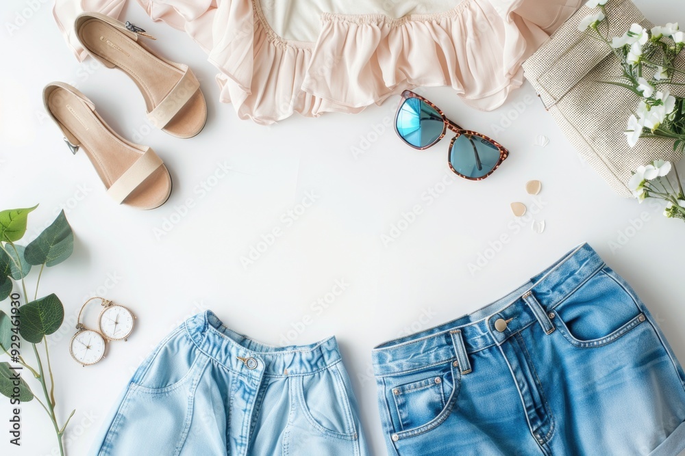 Poster a pair of shorts and a pair of sandals placed on a table