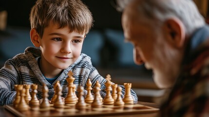 Boy playing chess with his grandfather, concentrating on the game and learning new strategies