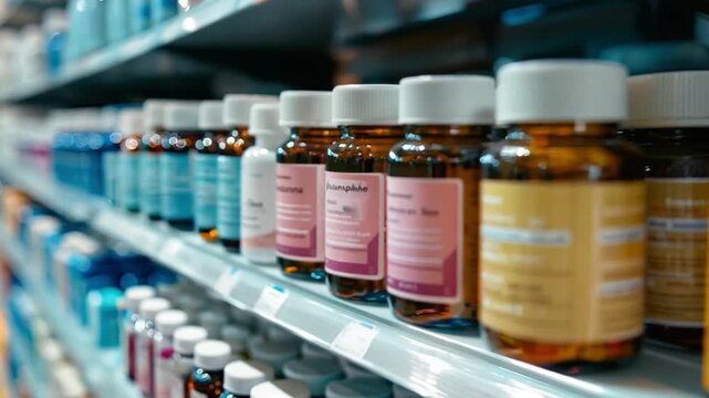 Bottles of dietary supplements in different colors and labels lined up on a store shelf, showcasing diverse health products for customers.