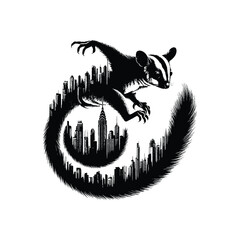 Fototapeta premium silhouette of Sugar glider filled with cityline in rough drawing,