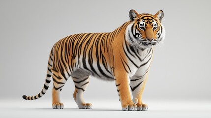 Obraz premium A realistic depiction of a tiger standing majestically, showcasing its distinctive stripes.