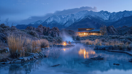 The tranquil mountain peak of the cliff edge hot spring in the twilight mountainous area, where the steam white of dusk blends with the rock ash on the mountain, creates a natural paradise for relaxat