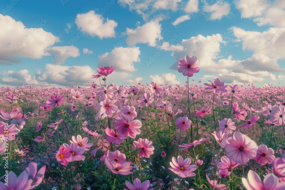 Sticker A vibrant field of pink flowers against a clear blue sky, perfect for use in nature-inspired designs or as a background element