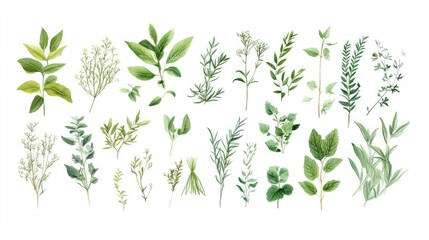 A botanical illustration of various herbs and plants, arranged in a flat lay style against a white background