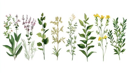 A botanical illustration of various herbs and plants, arranged in a flat lay style against a white background