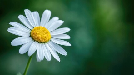 Fototapeta premium A close-up of a daisy flower, with the focus on its yellow center and white petals against a blurred green background