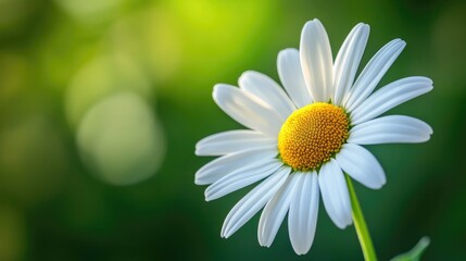 Obraz premium A close-up of a daisy flower, with the focus on its yellow center and white petals against a blurred green background