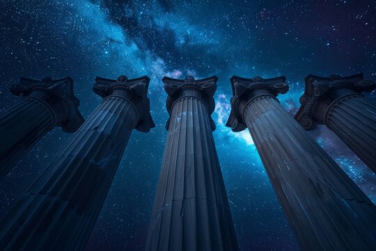 Ancient columns stand tall against a stunning night sky filled with stars and cosmic beauty. Generative AI