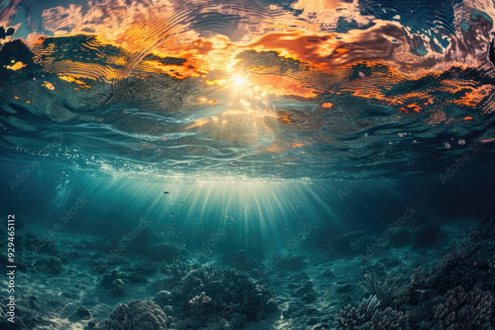 Poster a photograph of sunlight shining through a calm water surface with a reflective quality
