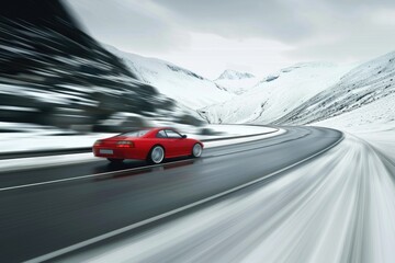Naklejka premium A red car drives down a snowy road, perfect for winter scenes and traffic concepts
