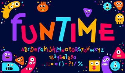 Funny cute font, comic typeface, children game type, creative childish english alphabet with cartoon color monster characters. Funky letters and numbers font, cute funny abc characters and symbols