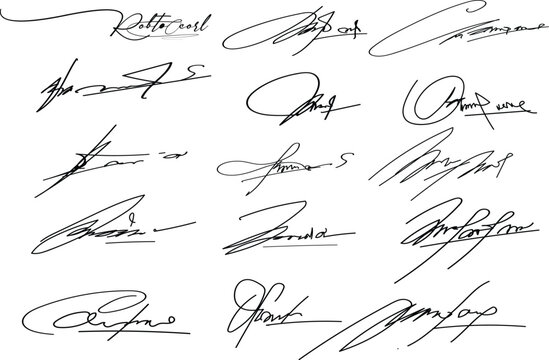 Hand written signature. Different example signatures isolated in white background. Vector illustration set of hand drawn name imprint