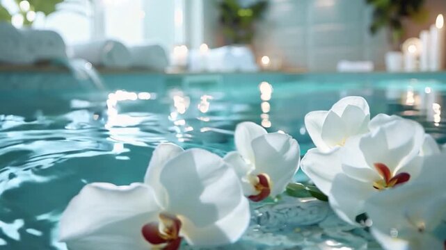 White orchid flowers gently float on calm water in a serene spa environment, creating a relaxing atmosphere with soft lighting and candles.