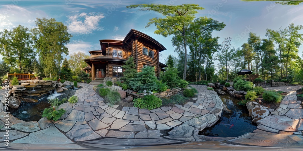 Wall mural Luxury Log Cabin with Serene Water Feature