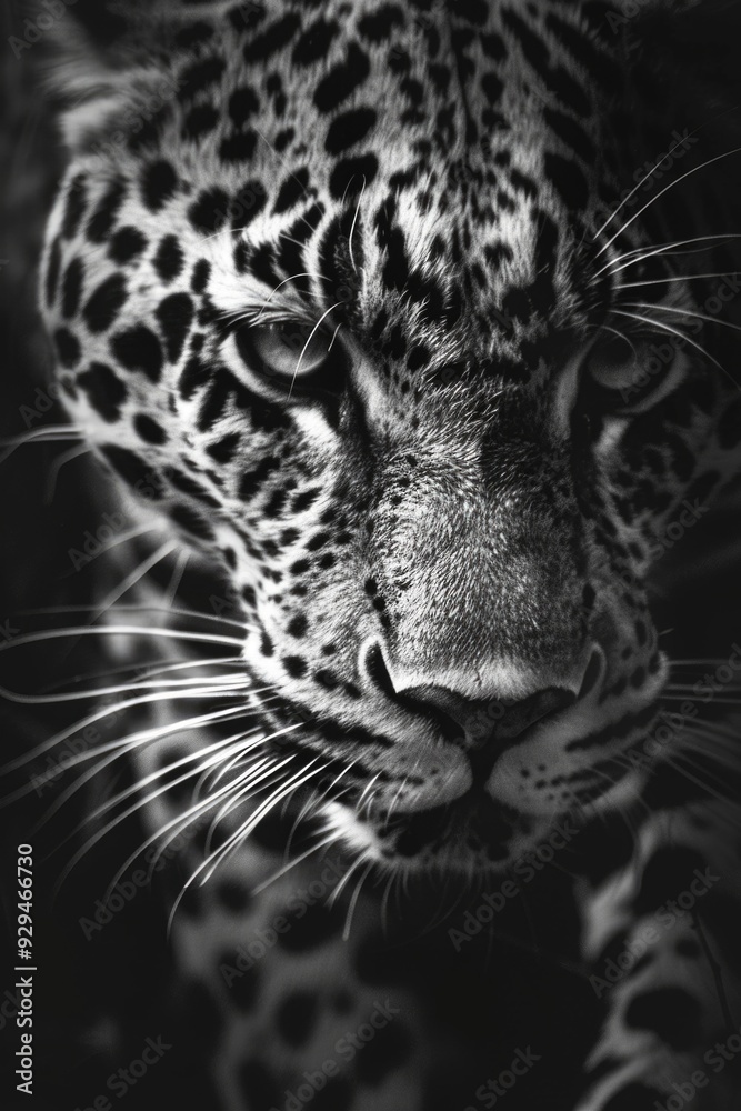 Sticker A close-up photograph of a leopard's face in black and white