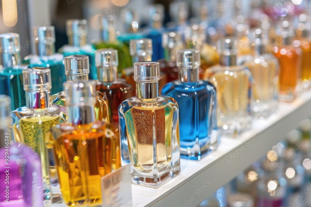 Poster Colorful bottles stacked on a shelf
