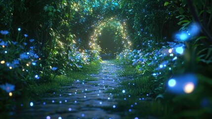 An enchanted anime garden path lined with bioluminescent flowers and vines that glow in the twilight