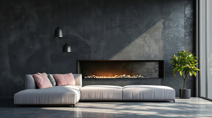 Modern living room with fireplace burning and sofa with pink Pillows