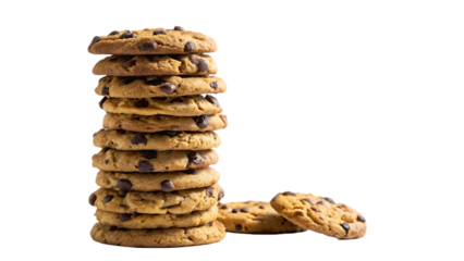 Tower of delicious chocolate chips cookies isolated on transparent background