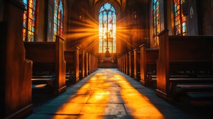 Obraz premium A peaceful image of a Christian church with light streaming through stained glass windows onto empty pews