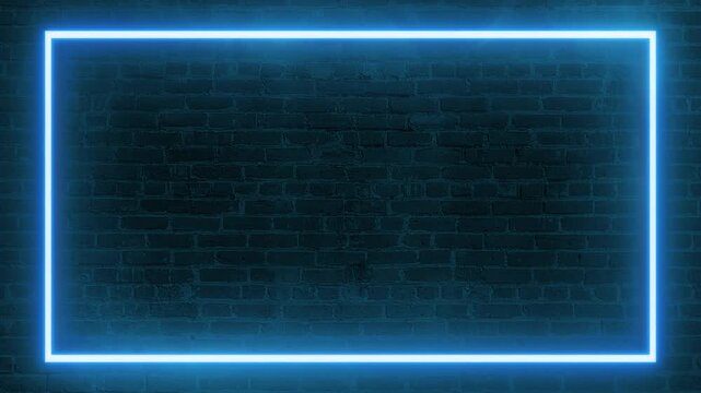 Blue rectangle frame bright neon sign&nbsp;electric lamp flashing effects footage motion design symbol animation brick wall fog background clip