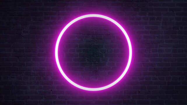 Purple circle frame bright neon sign&nbsp;electric lamp flashing effects footage motion design symbol animation brick wall fog background clip