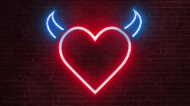 Love heart bright red devil hot neon sign&nbsp;electric lamp flashing effects footage motion design symbol animation brick wall fog background