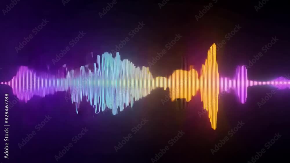 Poster a vibrant sound wave visualization illustrates audio frequencies in various colors against a black b