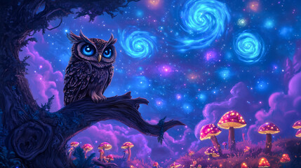 Obraz premium A mystical owl with large blue eyes perched on a branch under a vibrant night sky filled with swirling galaxies, surrounded by glowing mushrooms