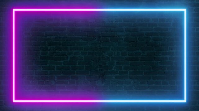Blue pink two colors rectangle frame bright neon sign&nbsp;electric lamp flashing effects footage motion design symbol animation brick wall fog