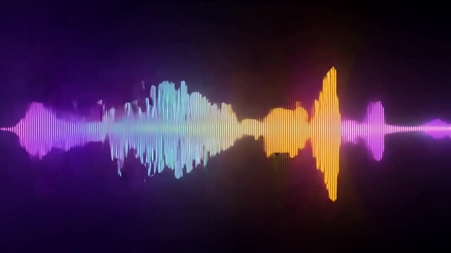 A vibrant sound wave visualization illustrates audio frequencies in various colors against a black backdrop.