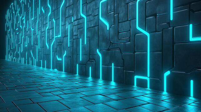 A sleek, metallic wall in a high-tech city, with panels glowing in a neon blue - Powered by Adobe