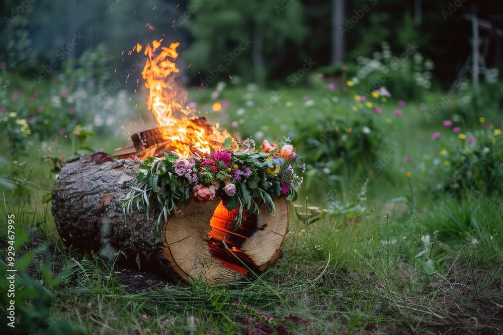 Poster a flame burns in the center of an open field, surrounded by nature