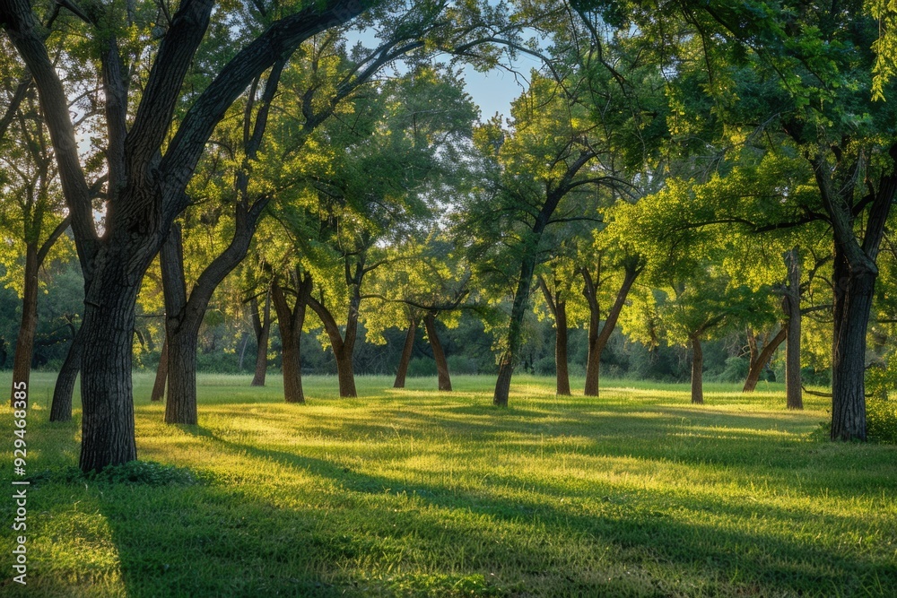 Poster A peaceful scene of a grassy field with trees in the background, perfect for use as a nature-inspired backdrop or setting