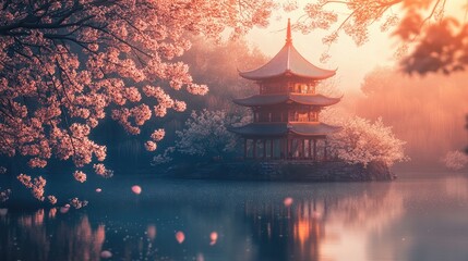 Obraz premium A tranquil scene of a pagoda surrounded by cherry blossoms, with soft light filtering through the trees