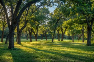 Fototapeta premium A peaceful scene of a grassy field with trees in the background, perfect for use as a nature-inspired backdrop or setting