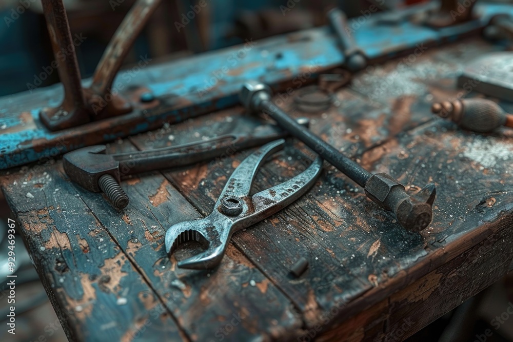 Poster close-up view of various tools on a wooden table