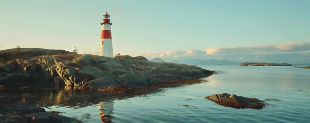 A Red and White Lighthouse Standing on a Rocky Outcropping in the Calm Sea