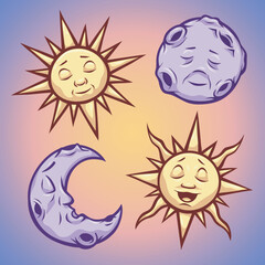 Cartoon style illustrated of cute sun and moon for designers