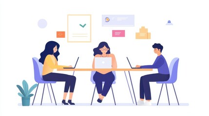 A mature woman focuses on her laptop while collaborating with two engaged colleagues in a bright workspace