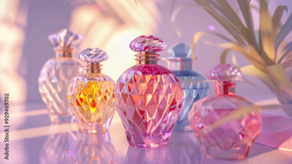 Poster Group of glass bottles arranged on a table, ready for use or display