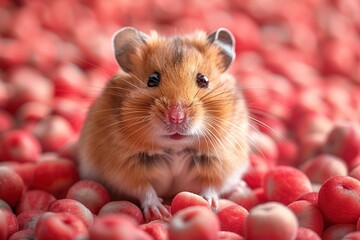 Cute Hamster In a Red Sea of Food